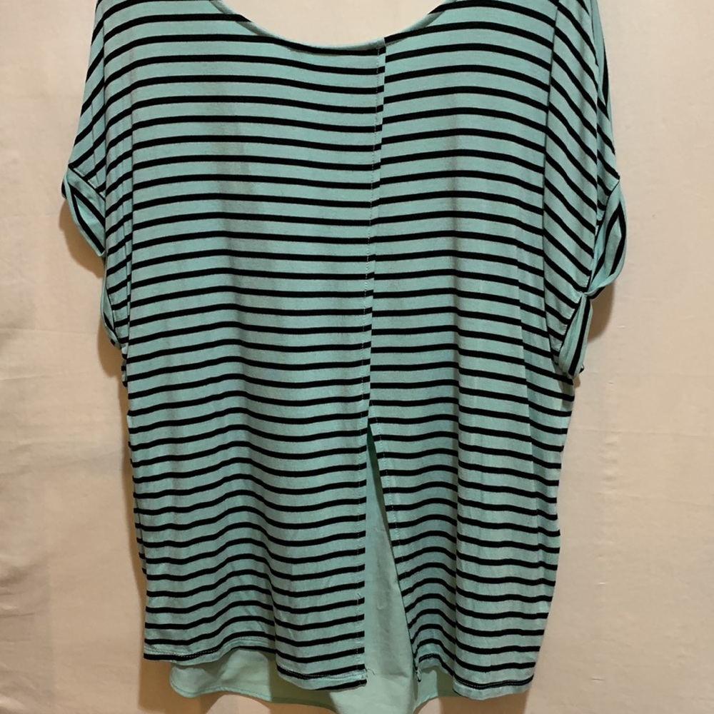 APT 9 AQUA/BLACK STRIPE KNIT++SEMI SHEER TOP SZ XL FLY BACK ROLLED SLEEVES